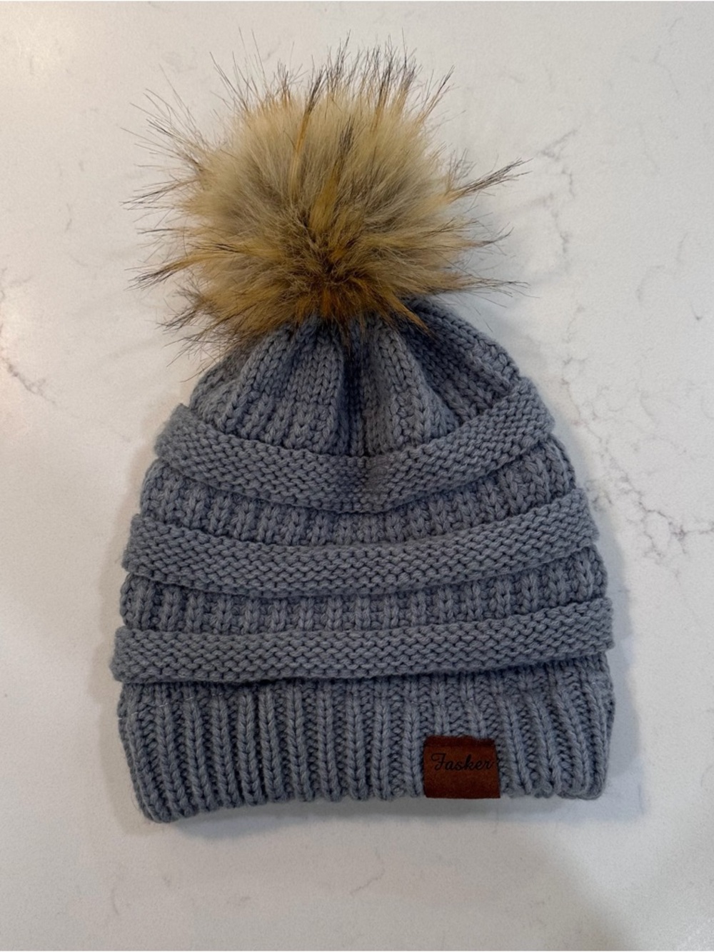 Gray Knit Pom Beanie with Faux-Fur Pom